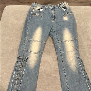 Stylish Blue Boot Cut Jeans with Lace-Up Detail